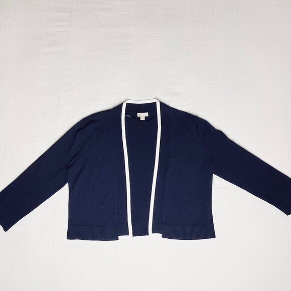 Pointelle Navy Cropped Open-Front Cardigan with White Trim | Size Medium - Picture 2 of 7